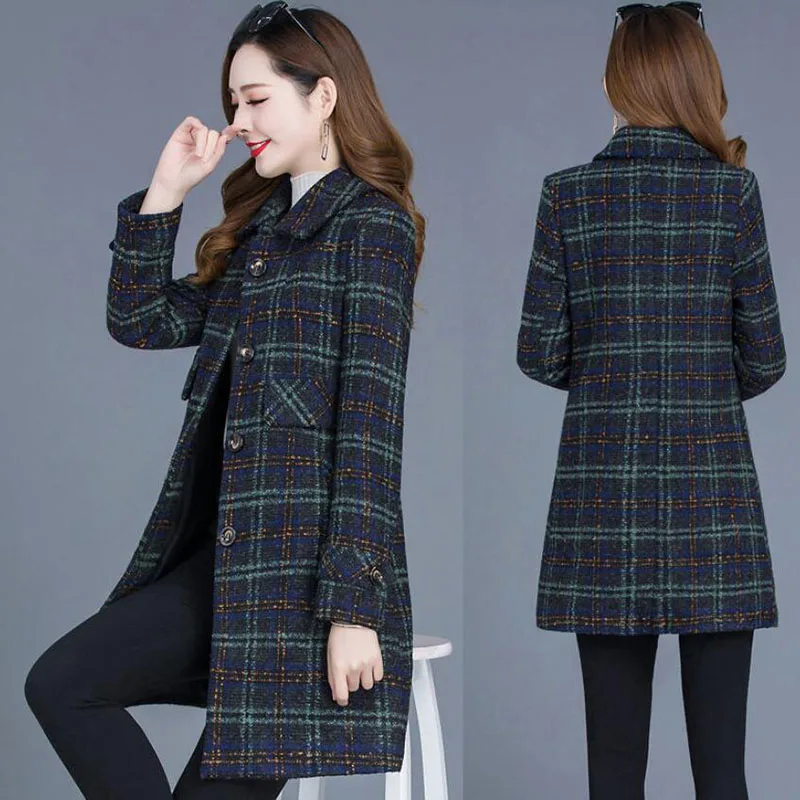 2022 Autumn Winter Women\'s Plaid Mid Long Coats Casual Jacket Fashion Single-Breasted Outerwear High Quality Female Woolen Coats