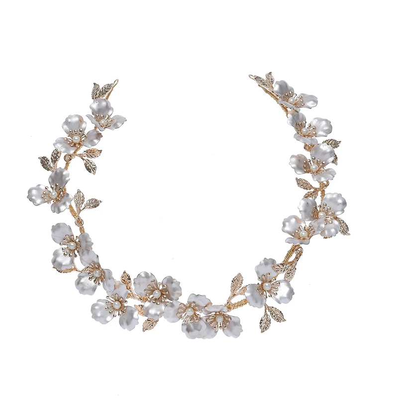

SLBRIDAL Handmade Boho Golden Pearls Alloy Flowers Leaf Wedding Hair accessories Bridal Tiara Headband Bridesmaids Women Jewelry