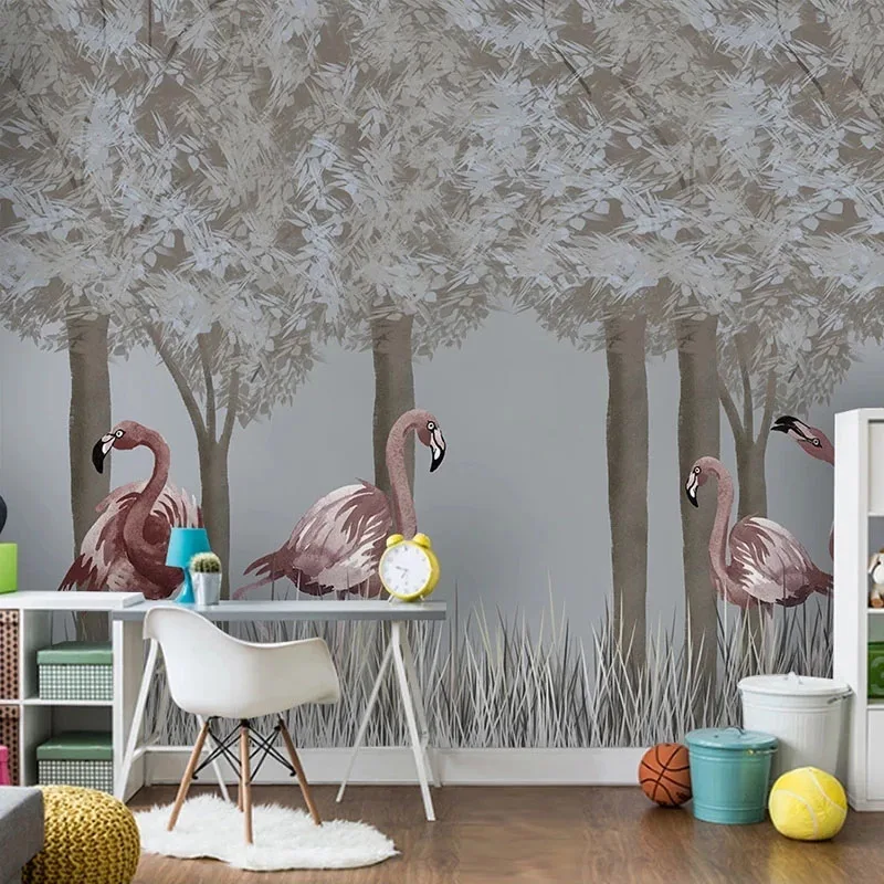 

Custom Mural Wallpaper Nordic Hand Painted Forest Flamingo 3D Wall Paper Living Room TV Sofa Background Wall Home Decor Painting