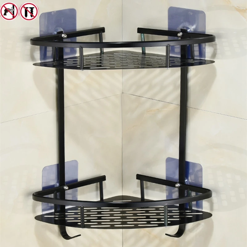 Black  Bathroom Shelf Space Aluminum Wall-mounted Toilet Vanity Towel Rack Storage Free Punch Corner Shelf  Bathroom Accessories