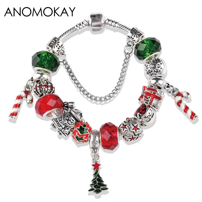 Dropshipping Christmas Tree Snowman Crutch Bracelet Charm for Women Diy Crystal Enamel Beads Bracelet New Year Xmas Jewelry Gift