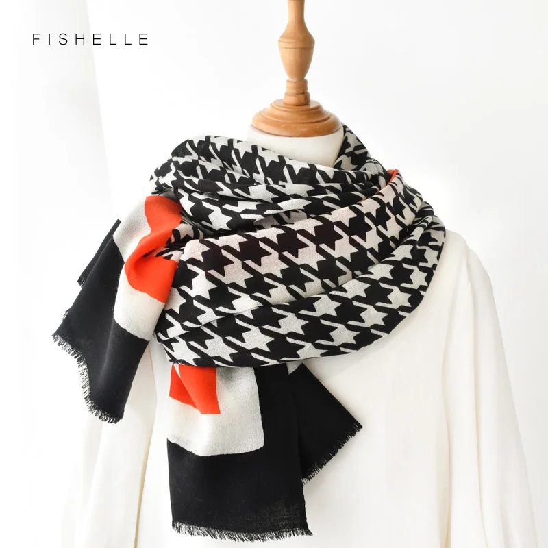 100% wool shawl classic black white houndstooth long scarf women thin fashion casual brown pashmina bandana ladies autumn winter