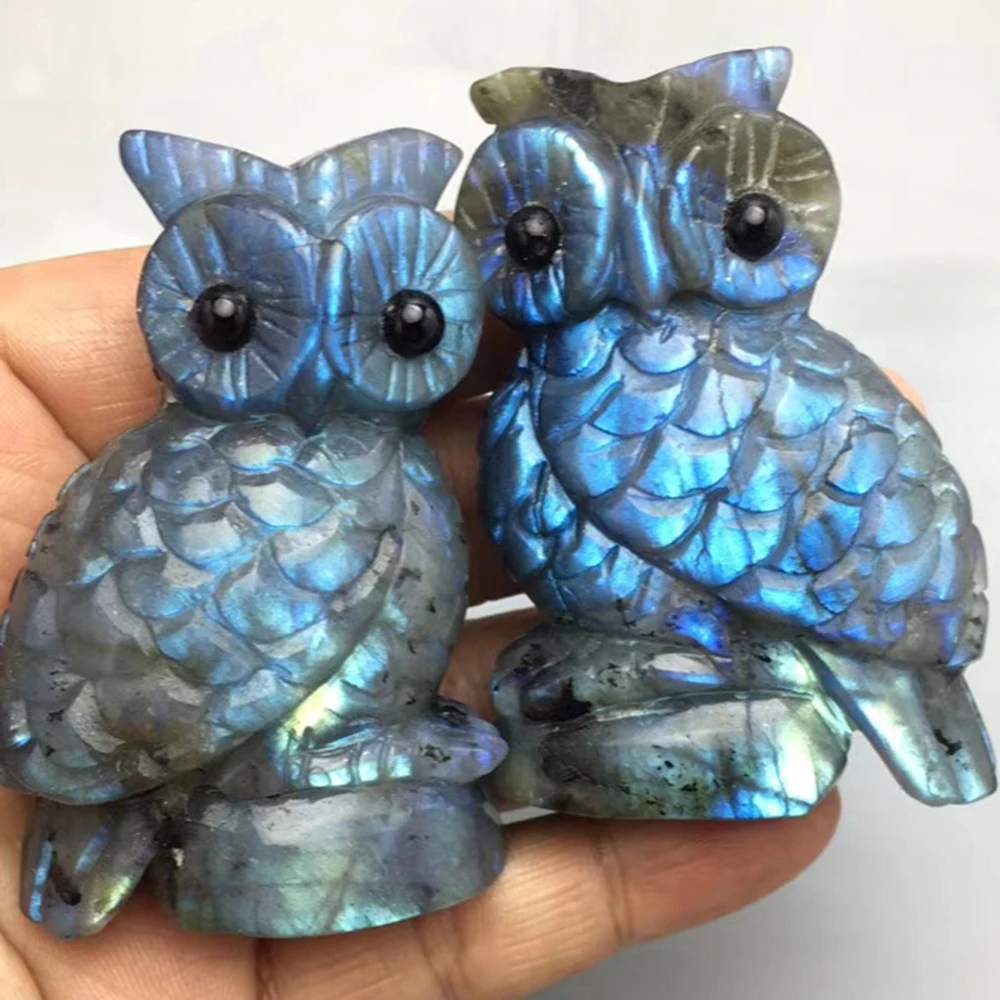 70-80mm Natural Blue Flash Labradorite Owl Figurine Carved Quartz Owl Figurine Healing Reiki Crystal Crafts Home Decoration Gift