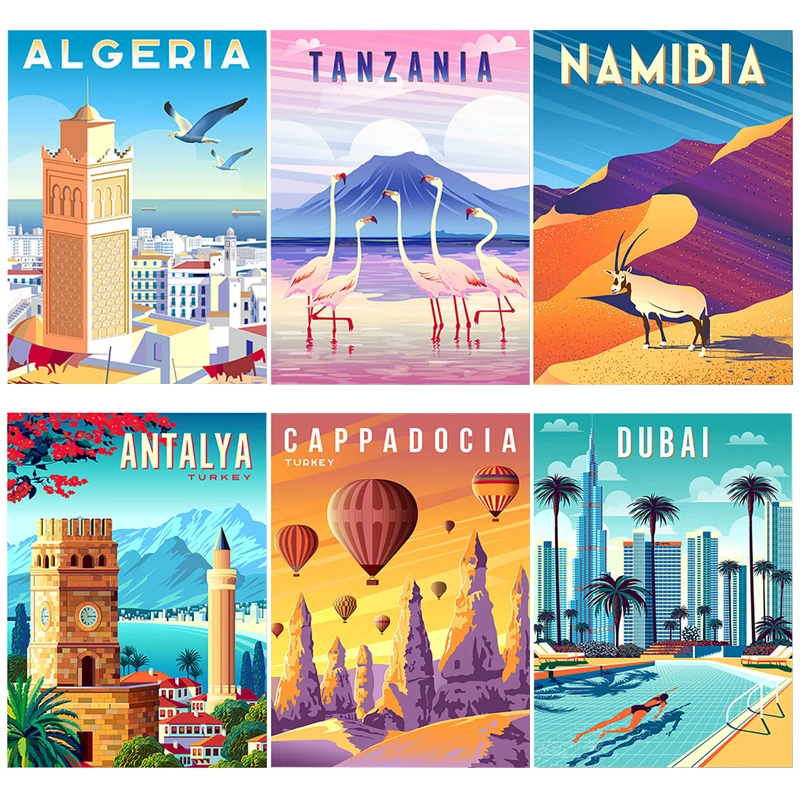 Nordic Vintage Travel Cities Poster Turkey Dubai Tanzania Landscape Metal Signs Retro Plate Wall Art Decor for Living Room Home