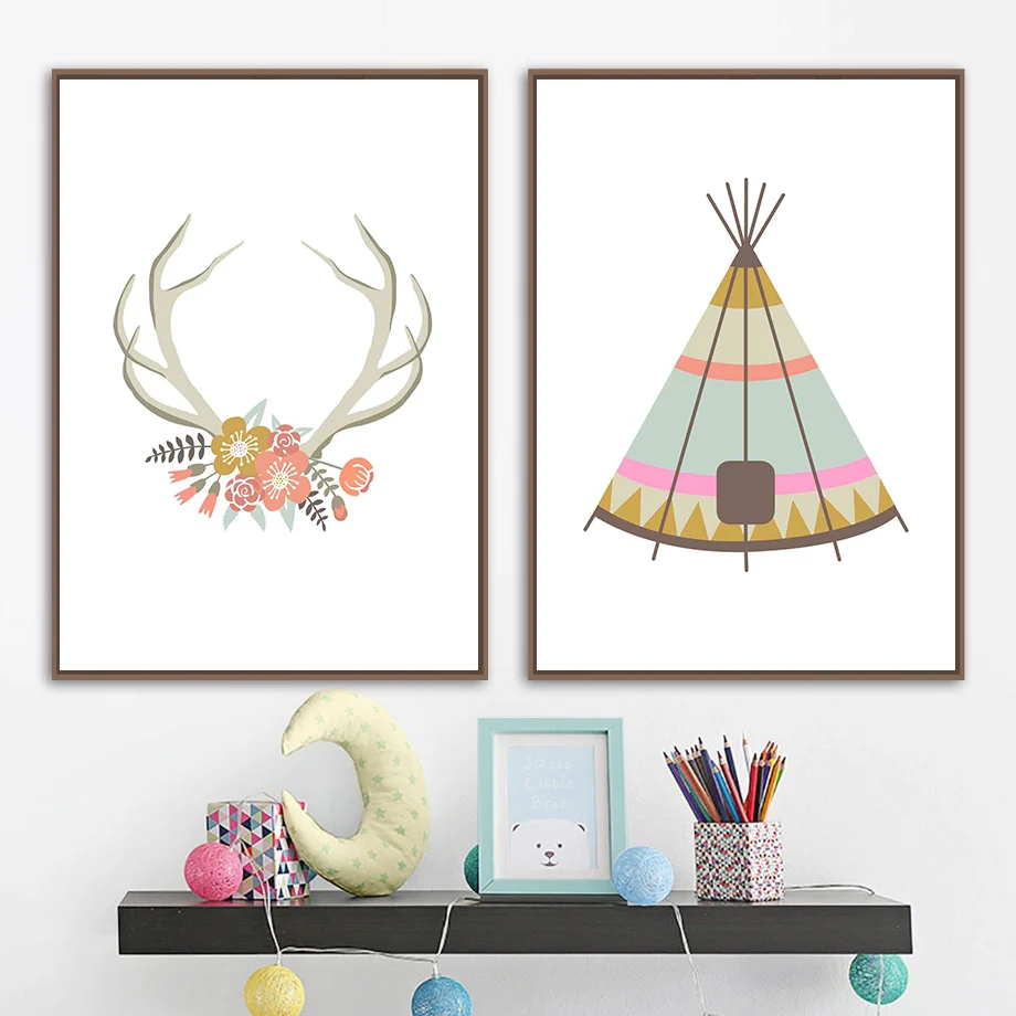 Canvas Painting Abstract Feather Antler Tent Arrow Flower Poster And Print Wall Art Picture Living Room Bedroom Home Decoration