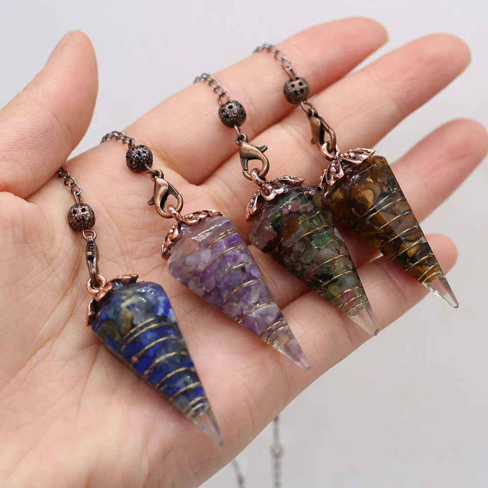 

Natural Stone Cone Crystal Pendant Necklace Orgonite Chakras Tiger Eye Amethysts Reiki Healing Fashion Jewelry Necklaces Gift