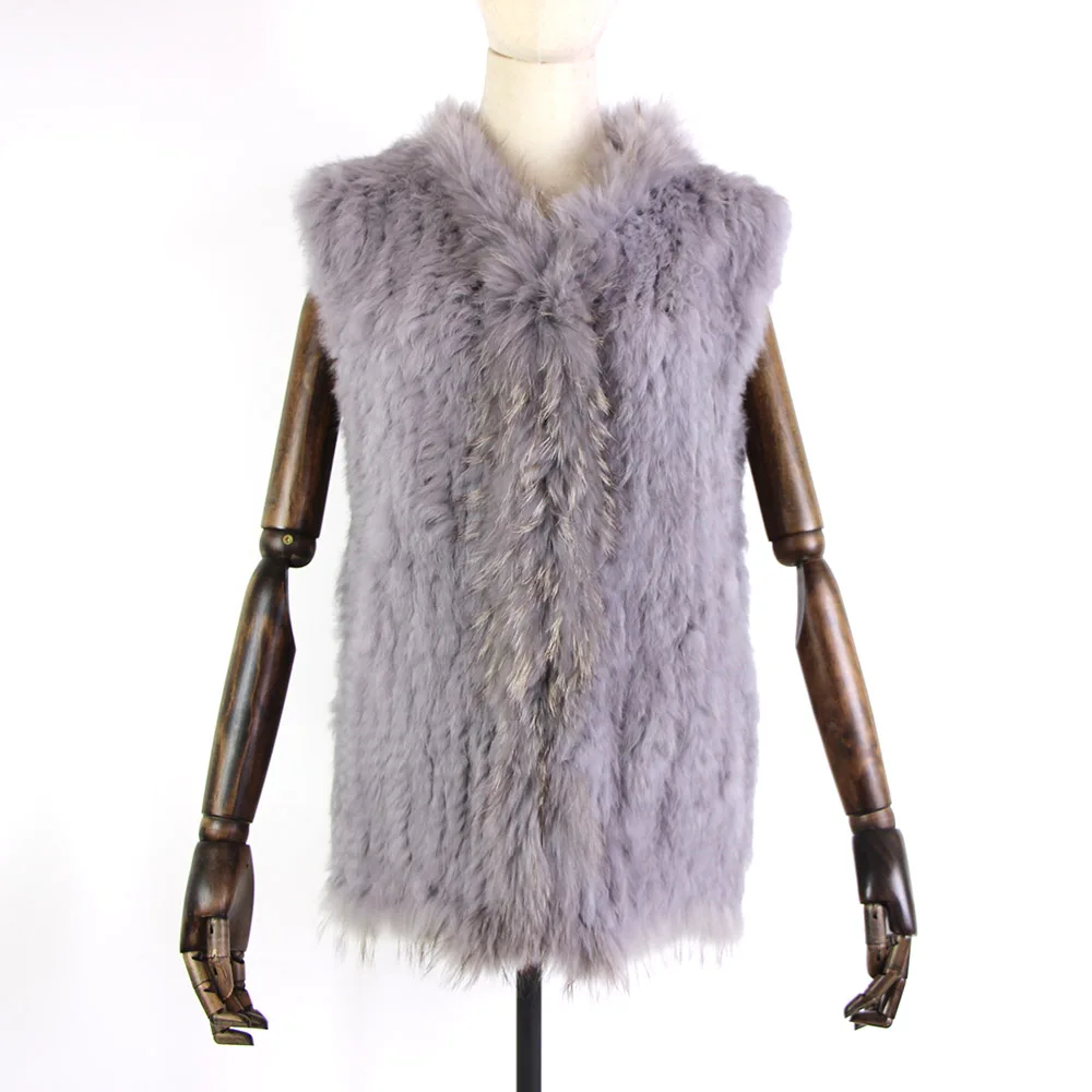 Chaleco de piel de conejo de punto Natural para mujer, chaleco con Cuello de piel de mapache, 68cm de largo, nuevo diseño, venta al por menor/al por