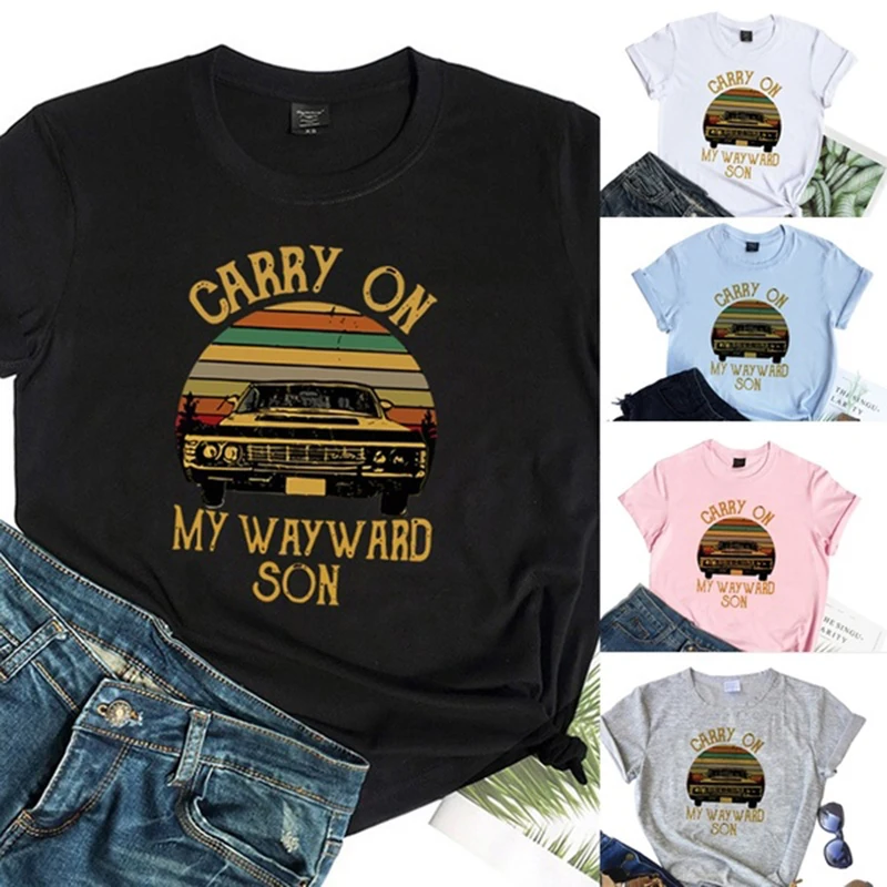 Supernatural Carry on My Wayward Son Printed Tee Shirt Short Sleeve Round Neck Tops