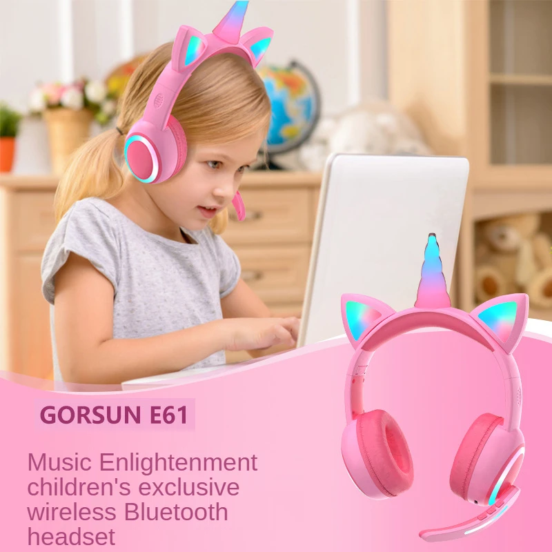 Bluetooth Headset Unicorn Headphones Luminous wireless earphone Cat Ears Kids LED light children's learningHeadphone Crown