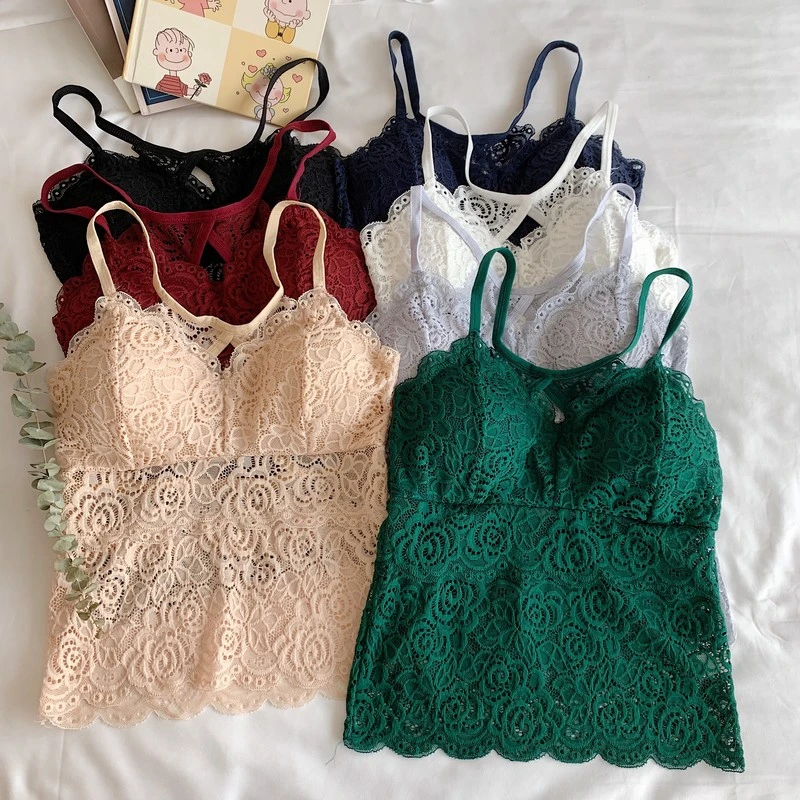 V-neck Lace Tank Top Korean Summer Style Cross Back Sexy Bra Top Feminino Green Beige Red Blue Black White Cami Top Women