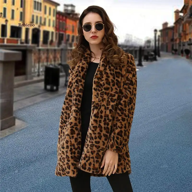 

Fashion Leopard Women Faux Fur Coat Luxury Long Fur Overcoat Loose Lapel Thick Warm Outwear Female Coats