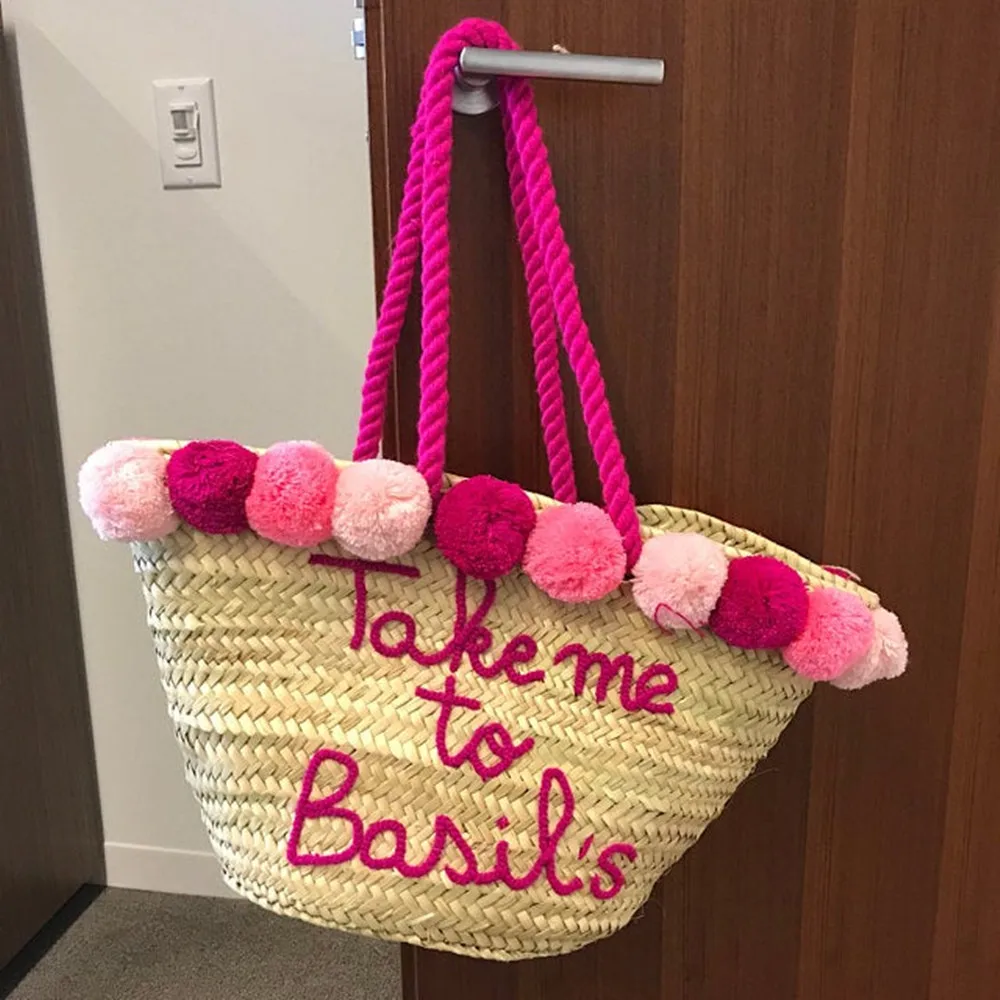 Custom straw pompom basket woven tote bags, summer bag,straw basket customized bag monogrammed bags, straw beach bag,tote bag