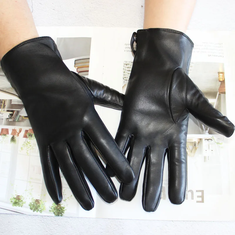 New men's imported sheepskin gloves button classic fashion leather gloves long fingers with wool knitted lining gloves