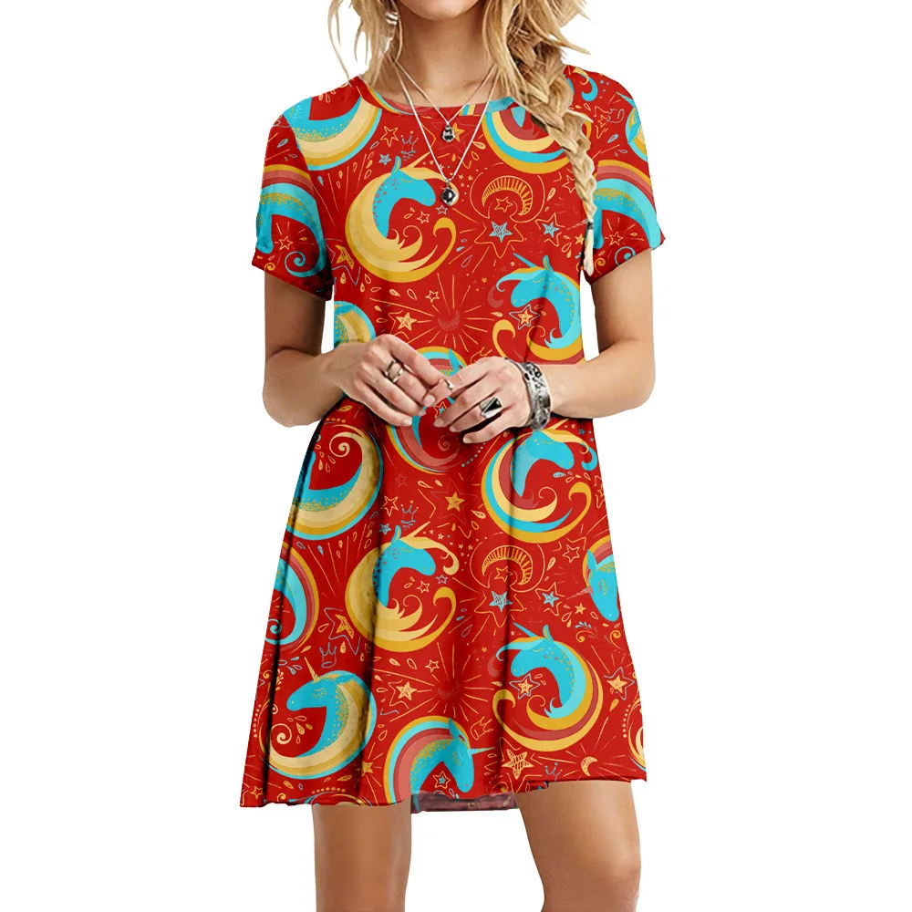 

Dresses for Women Elegant O-neck Unicorn Printing Dress Casual Loose Robe Short Sleeve Party Women Clothing Femm Oversize 5XL