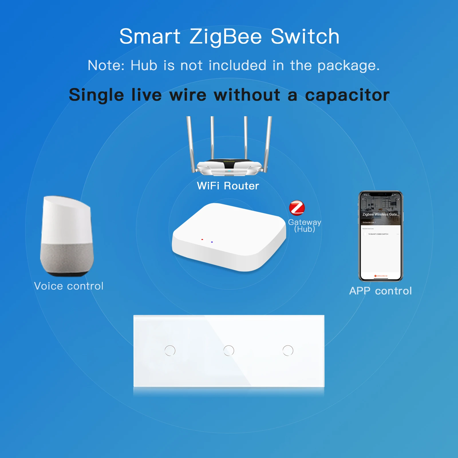 Bseed New Zigbee Smart EU Single Live 1/2/3 Gang 228mm Touch Light Switch Glass Panel Smart Switches Alexa Smart Life Compatible