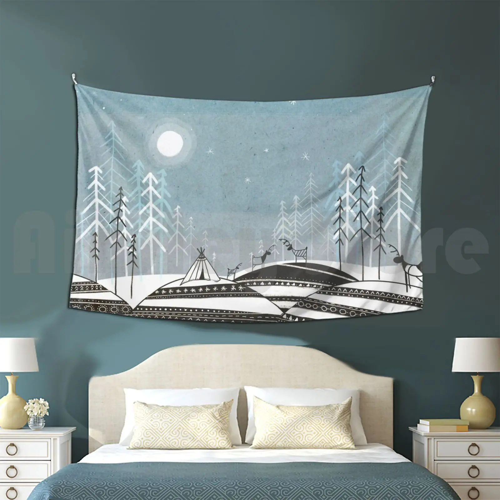 Sami Night Customized Tapestry Scandinavian Norway Snow Winter Sami Tipi Camping Reindeer Folk Sky Blue