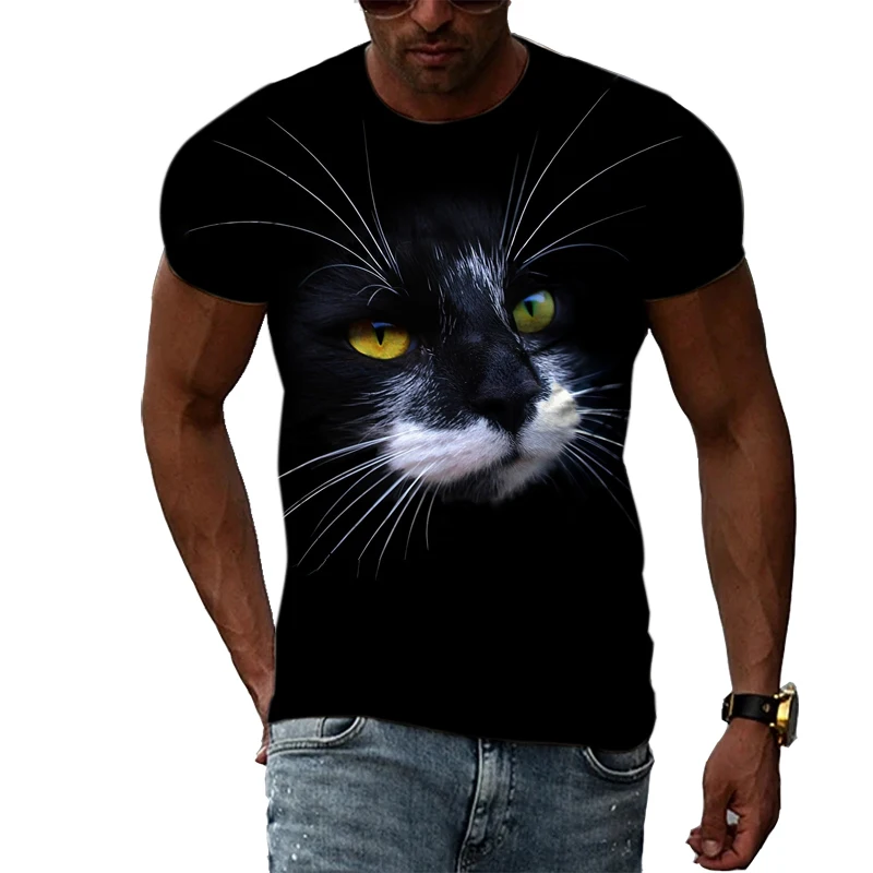 Fashion Personality Cool Style Cat graphic t shirts For Men Summer Animal Pattern 3D Print Black T-shirt O-neck Comfortable Top