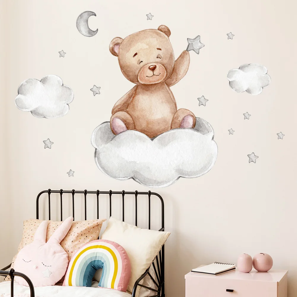 Bear Moon Clouds Stars Wall Stickers For Baby Room Background Decoration Mural Kids Bedroom Living Room Decor Nursery Wallpaper