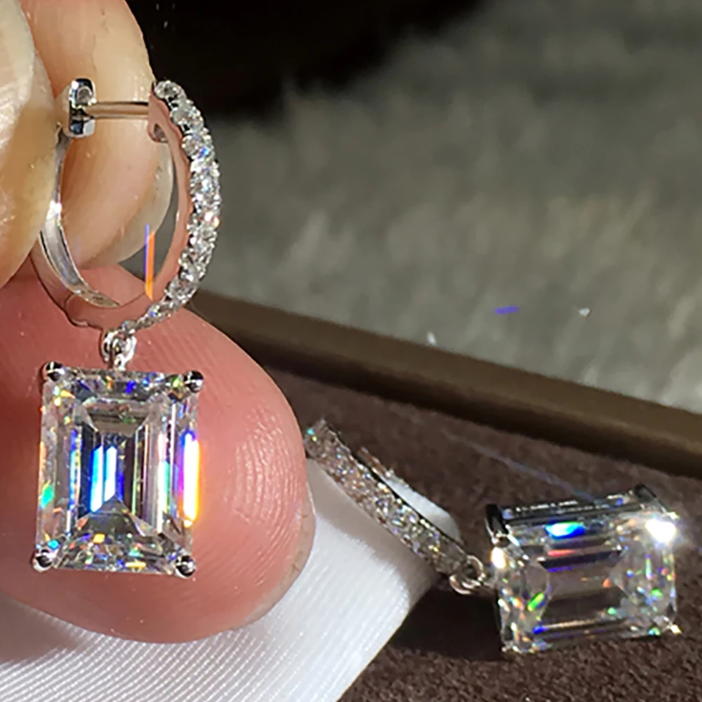 Custom Solid 18K White Gold Women Drop Clip Hoop Earrings Moissanite Diamonds Emerald Rectangle Wedding Engagement Anniversary