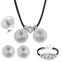 Ethiopian Silver Color Necklace Pendant Earrings Ring Bracelet Wedding Fashion Women Jewelry Set