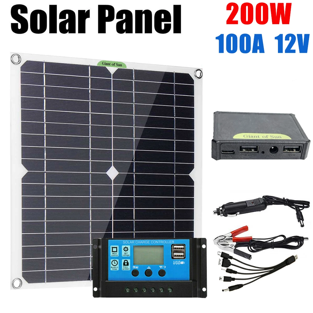 

200W Solar Panel Kit 12V Battery USB Charger with 100A Controller for Caravan Boat Outdoor Phone Car Charging Solar Power System