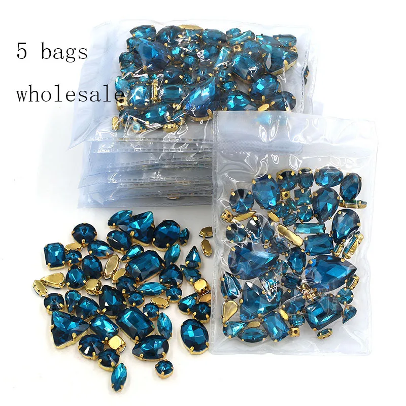 

Hot sale Wholesale 5 bags mixed shape Indicolite rhinestones glass crystal gold base sew on rhinestones diy clothing