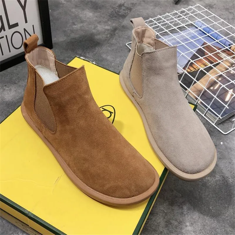 Retro Women\'s Shoes Female Cow Suede Leather Matte Flat Heels Casual Chelsea Ankle Boots Candy Colors Preppy Style Boots