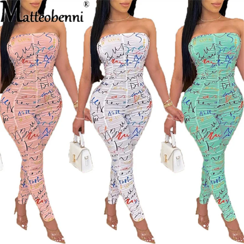 2021 Summer Women Fashion Printing Folds Strapless Tube Top Sleeveless Slim Drape Street Rompers Sexy Night Club Party Jumpsuit