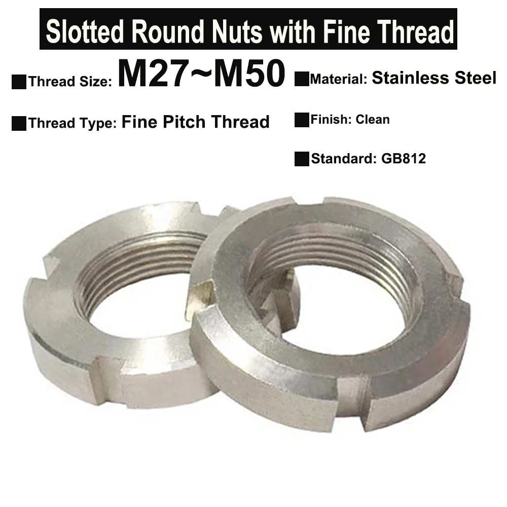 

1Piece-2Pcs M27 M30 M36 M39 M40 M45 M48 M50 SUS304 Stainless Steel Slotted Round Nuts Locknuts with Fine P2.0 Thread GB812