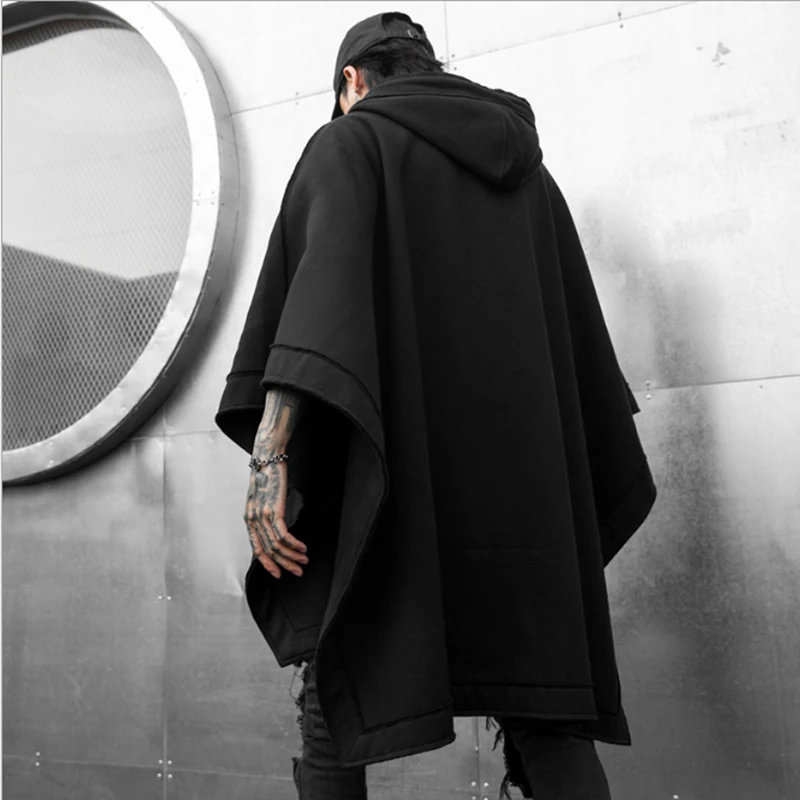 Autumn and winter new men\'s loose Bat Cape National Tide Dark mid-long fashion casual windbreaker hoodie jacket