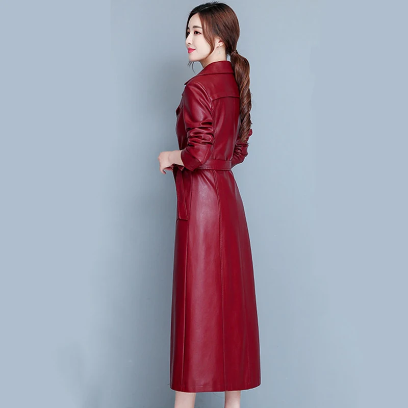 M-7XL New Women Sheepskin Leather Coat Spring Autumn Winter Warm Fur Collar Plus Cotton Liner Slim Long Leather Coat Female