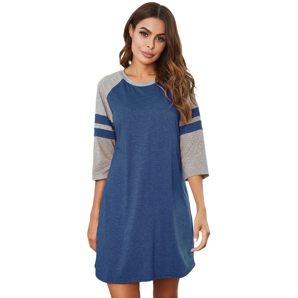 Summer Nightgowns For Women 3/4 Sleeve Nightdress round Neck  Nightshirt Comfy Striped Splice Sleep Shirt Pajama Sleepwear image 6