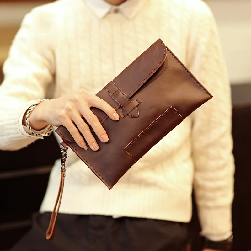 Panelled Clutch Men Retro Style Men\'s Handbag High Quality PU Fashion Hand Wallet for Cell Phone Envelope Passcard Holder 2021