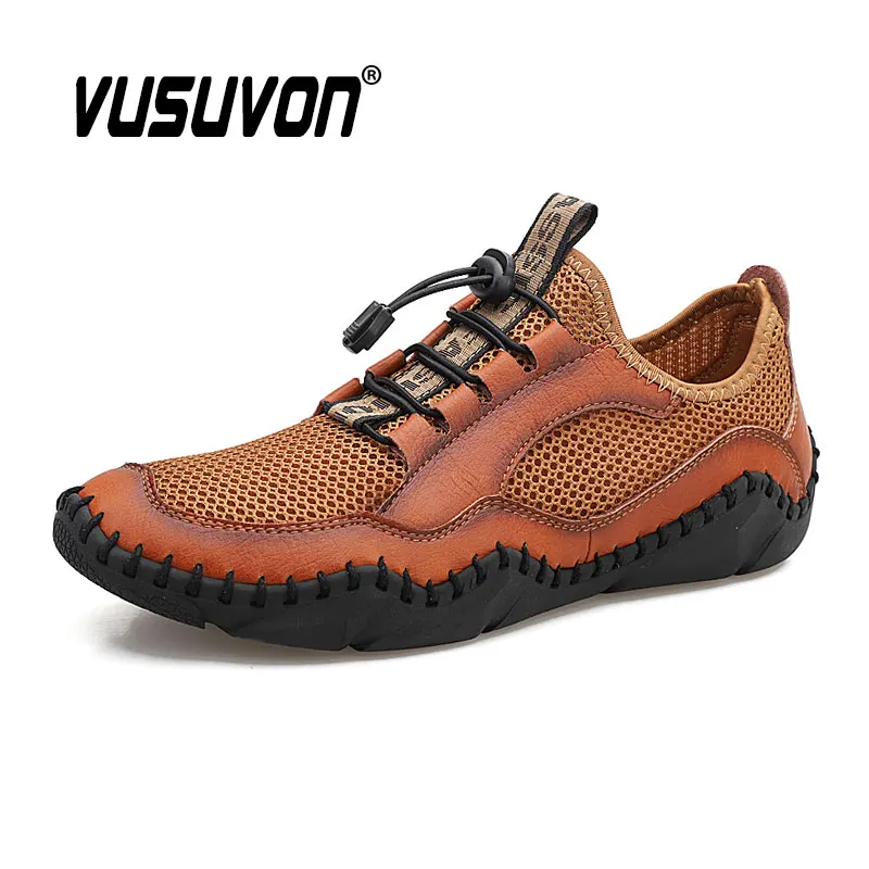 Black Sandals for Men Beach Mesh Cow Leather Outdoor Summer Casual Shoes Slip On Water Flats Big Size 38-48 Rubber Outsole