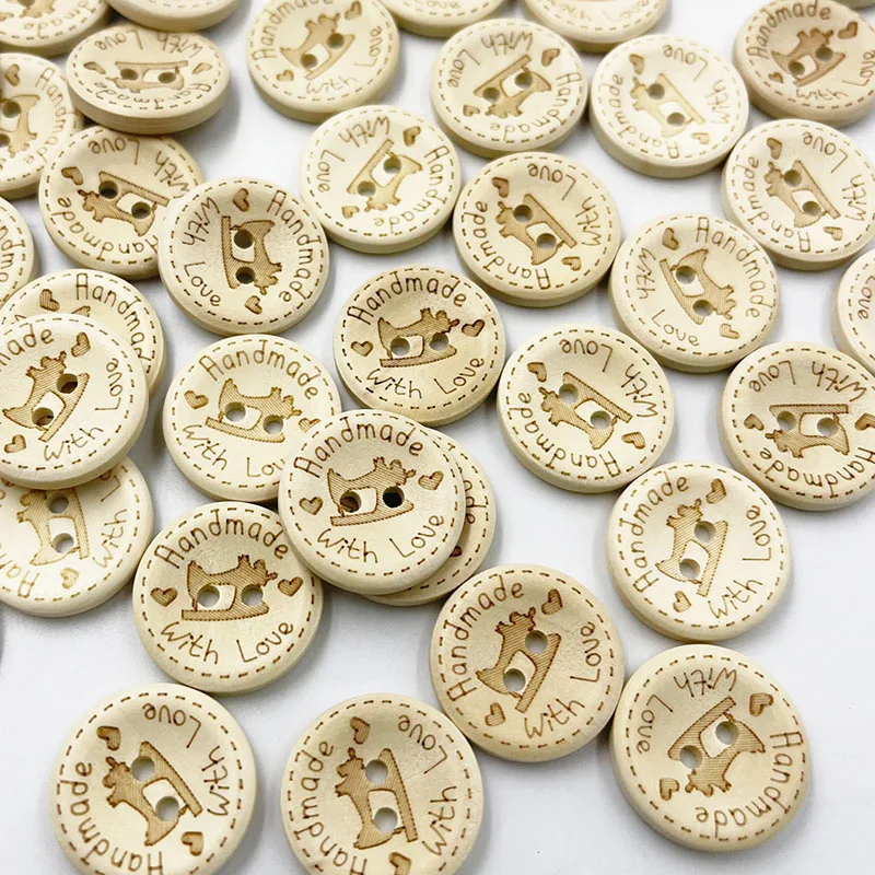 25pcs 20mm Natural Handmade With Love Sewing machine Wood Buttons Round Sewing DIY 2 Hole Crafts For Scrapbooking WB839