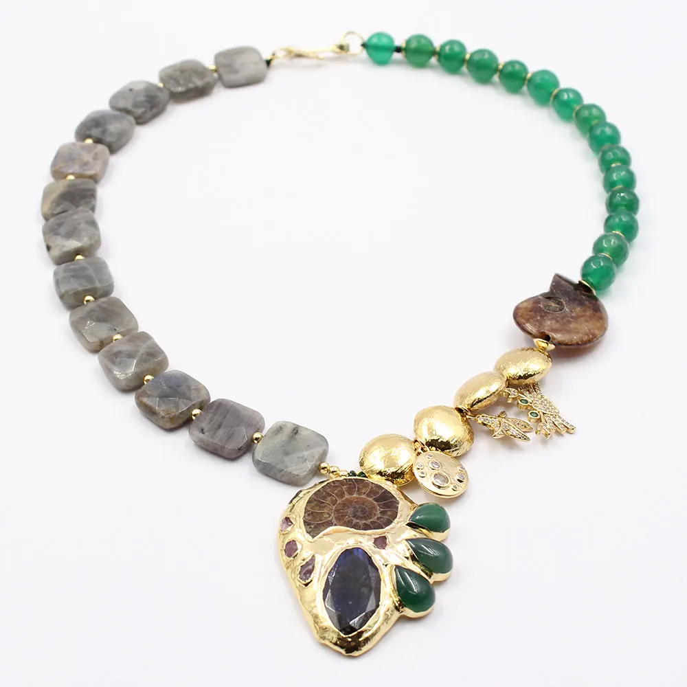 GG Natural Green Agate Labradorite Necklace Gold Plated Labradorite Green Agate CZ Pave Pendant For Women