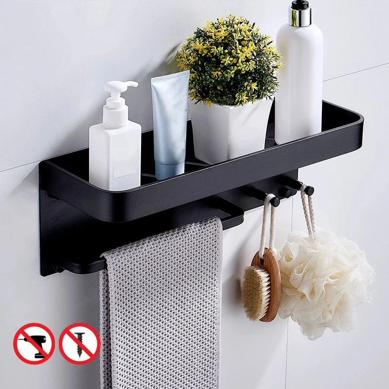 Self adhesive Punch-free Bathroom Black Bath Shower Aluminum Shelves Shelf Organizer Shampoo Holder with Rack