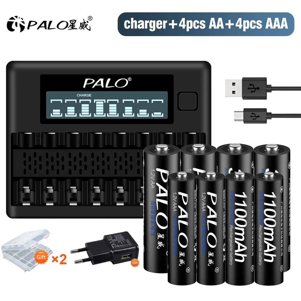 

PALO 3000mAh 1.2V Ni-MH AA Rechargeable Batteries+1100mAh 1.2V AAA Rechargeable Battey with 8 slots AA AAA Battery Charger