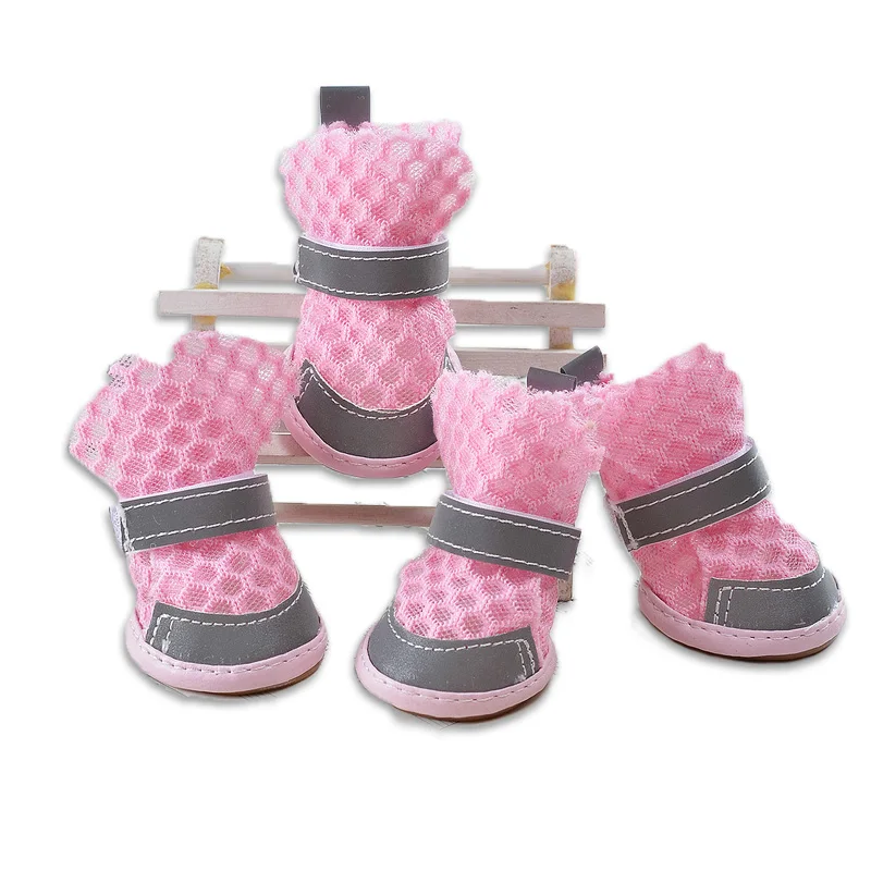 4 Pcs/lot Dog Shoes for Pet Teddy Soft Breathable Net Shoes Pet Boots Paw Protector Reflective Straps Anti-slip Puppy Shoes