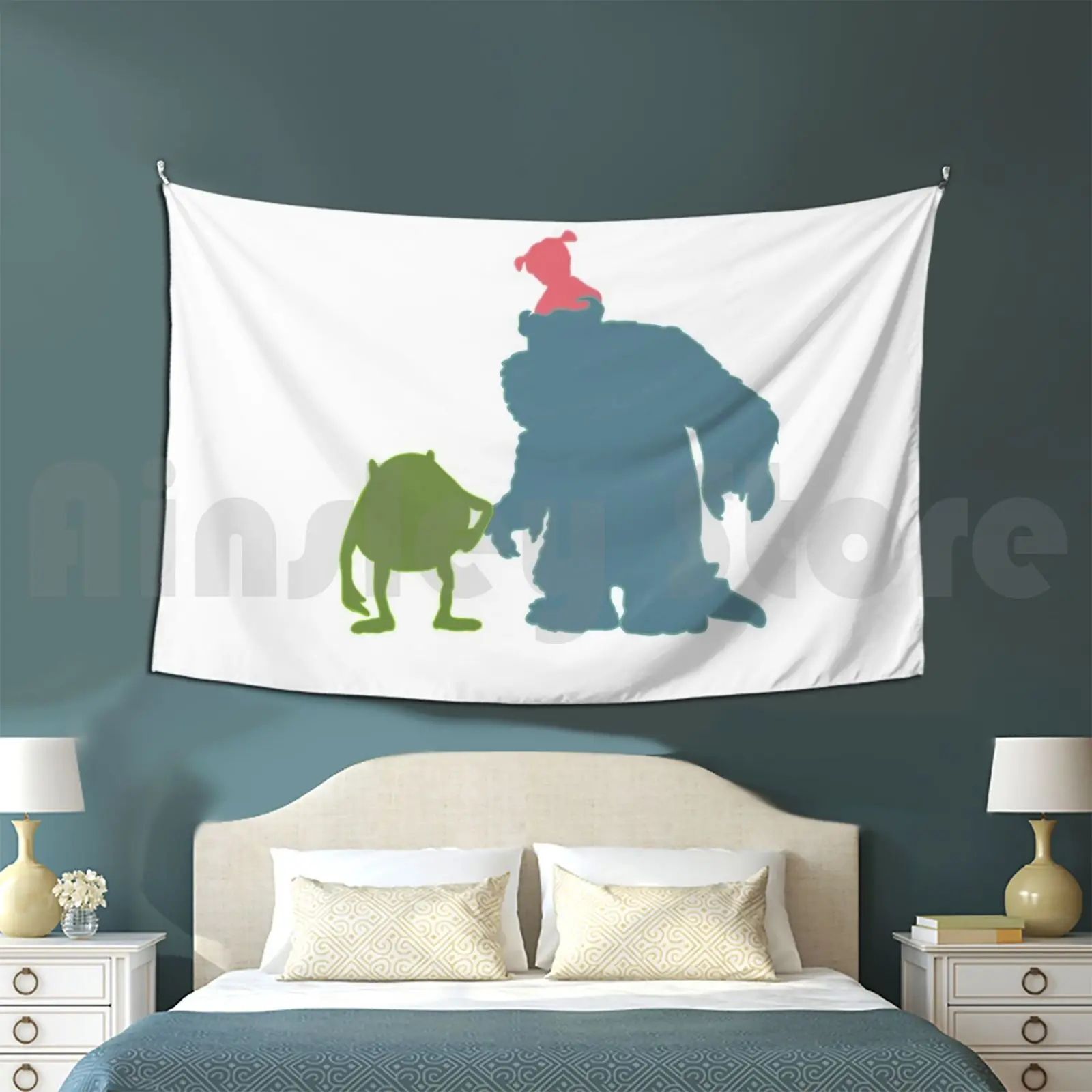 Mike , Sully , And Boo Tapestry Background Wall Hanging Monster Monsters Inc Pink Green Blue Purple Movie Monsters