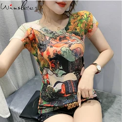 Summer European Clothes T-Shirt Print Graffiti Girl Fashion Women Tops Short Shirt Tees Bottoming Shirt Slim New 2021 T14006A
