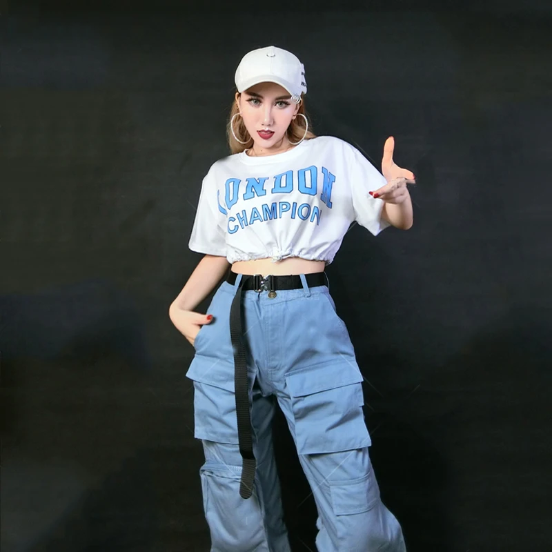 Women Jazz Dance Costume Hip-Hop Dance Wear Female Short Sleeve Cropped Top Pocket Cargo Pants Stage Performance Clothes SL5380