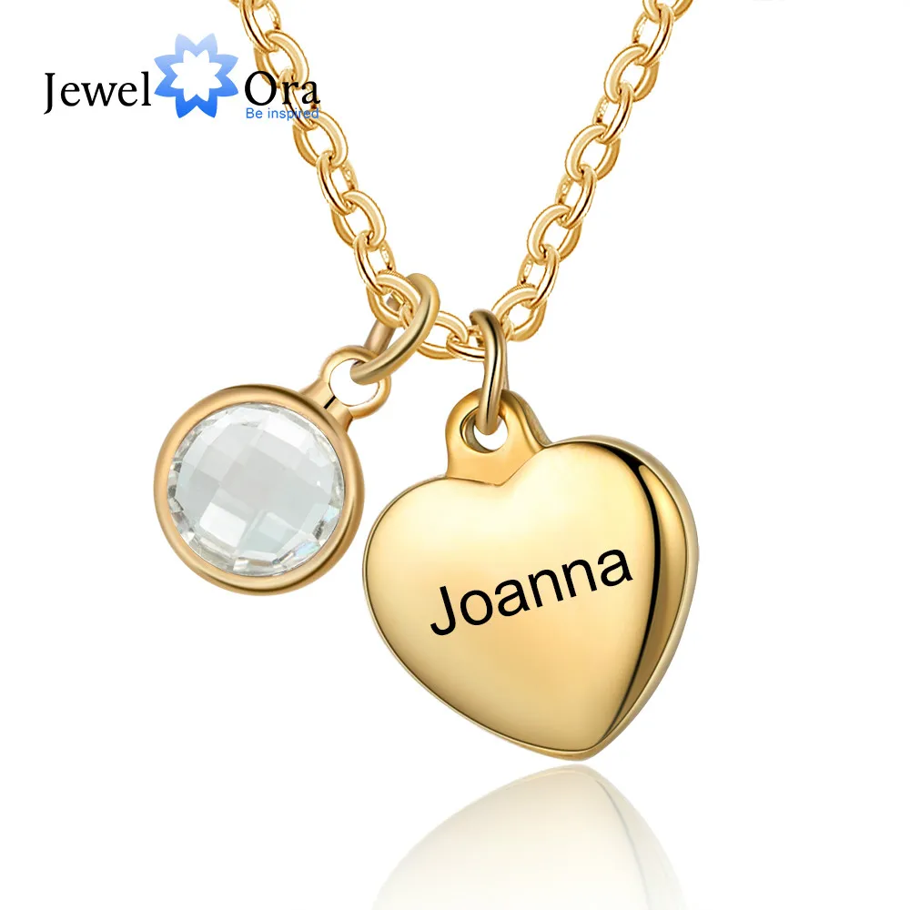 JewelOra Personalized Children Name Engraving Necklace Gold Color Heart Pendants for Women Custom Birthstone Jewelry Family Gift