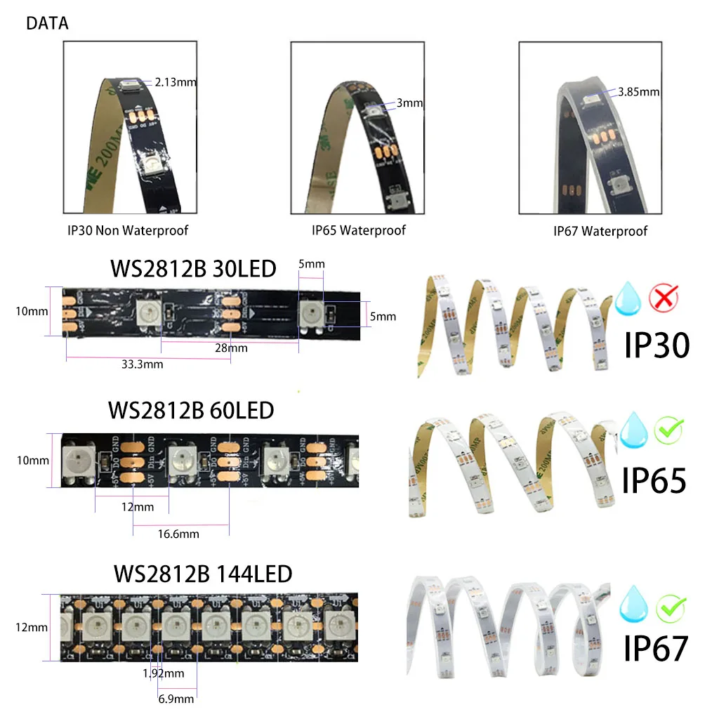 Tira de luces Led inteligente WS2812B, direccionable, RGB, resistente al agua, 30/60/144LED/píxeles, para decoración de dormitorio, DC5V