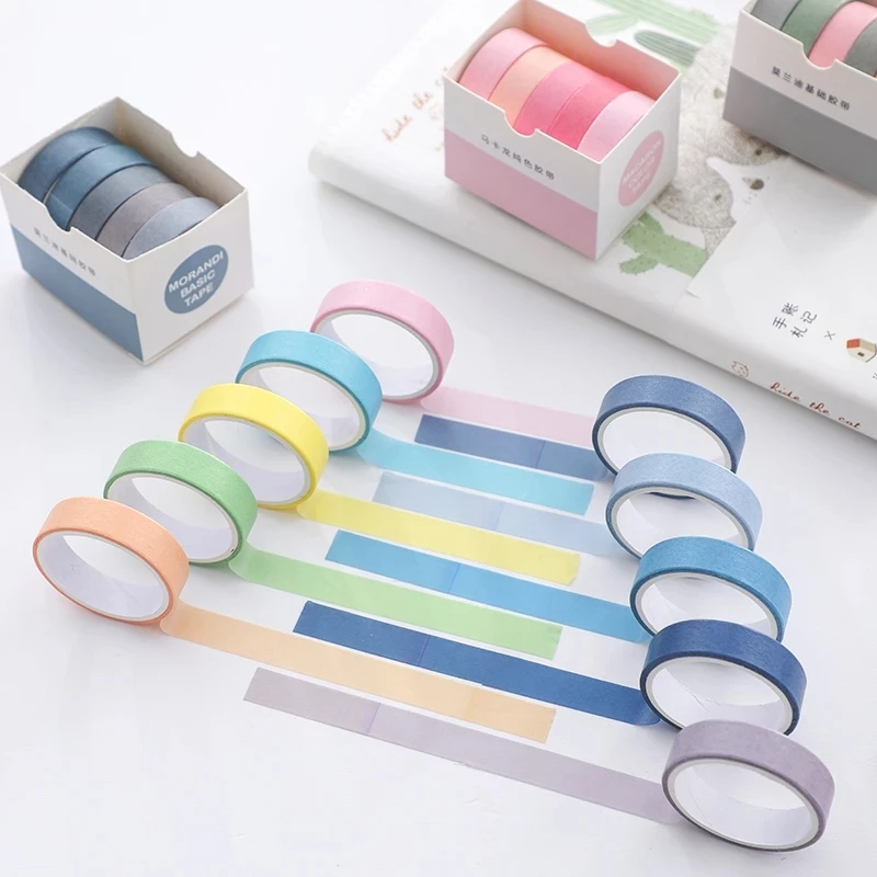 5Rolls/Set KawaiI Geometry Solid Color Washi Tape Decorative Masking Cute Scrapbooking Adhesive Office School Stationery Supplie