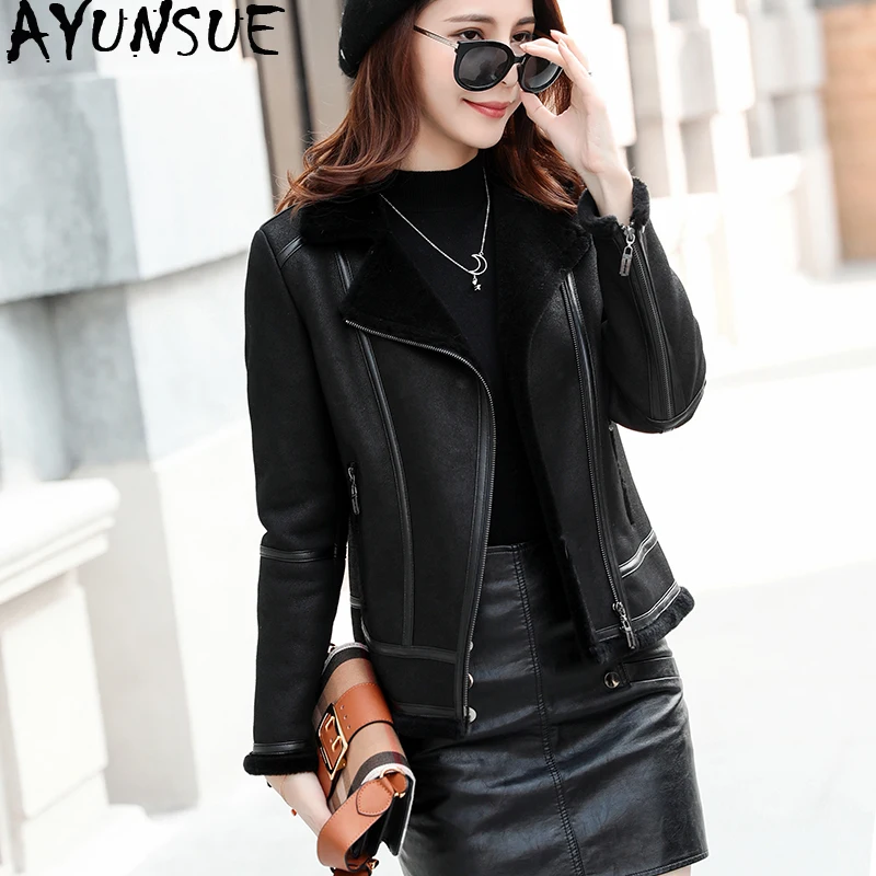 AYUNSUE Real Leather Jacket Winter Coat Women 100% Natural Wool Fur Coat Female Sheepskin Coat Streetwear Bomber Jackets MY4329