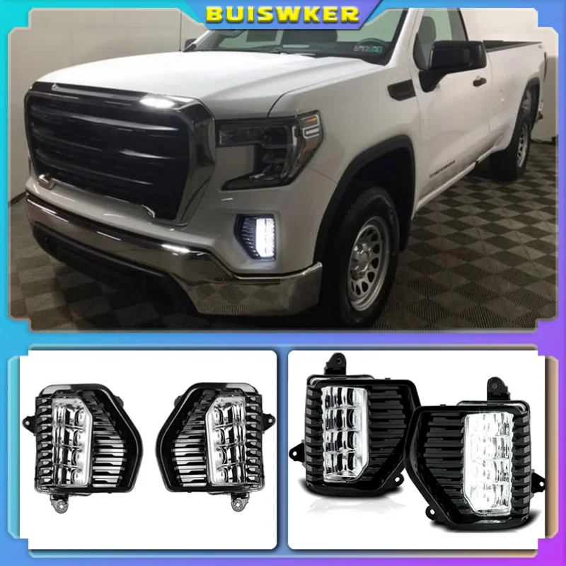 1 Pair Car LED Fog Light DRL Lamp w/ Bezel Cover Wiring Set For GMC Sierra 1500 2019-2020 Headlight Driving Fog light