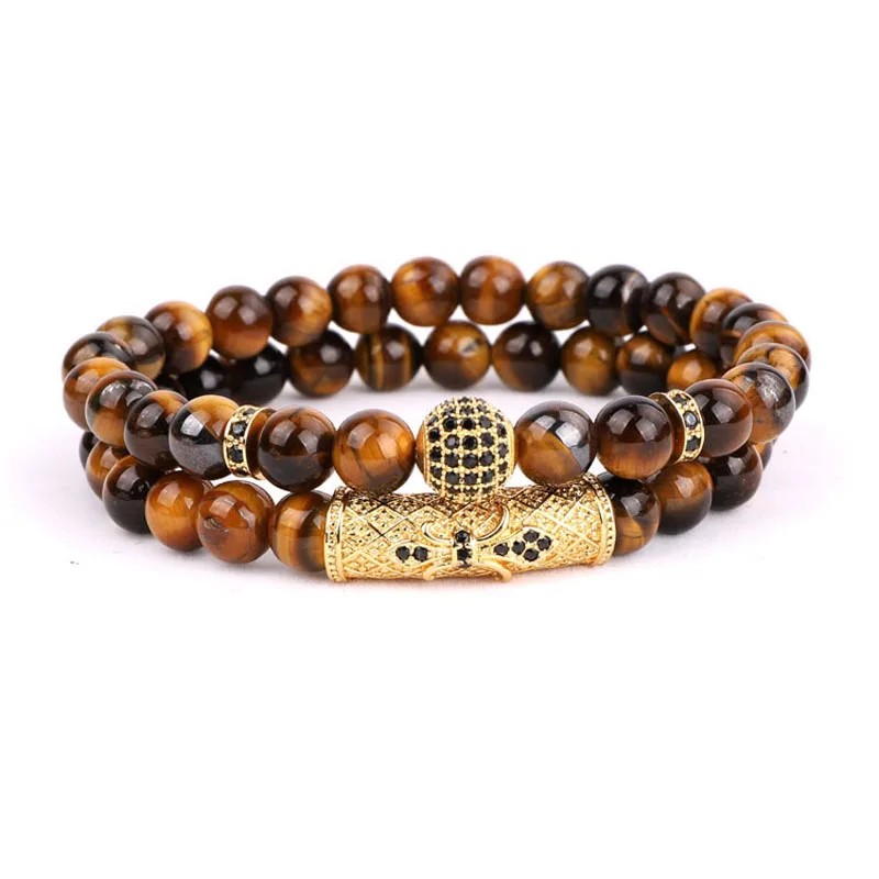 

Fashion Jewelry Natural Stone A Grade Tiger Eye CZ Ball Beaded Elastic Bracelet Men