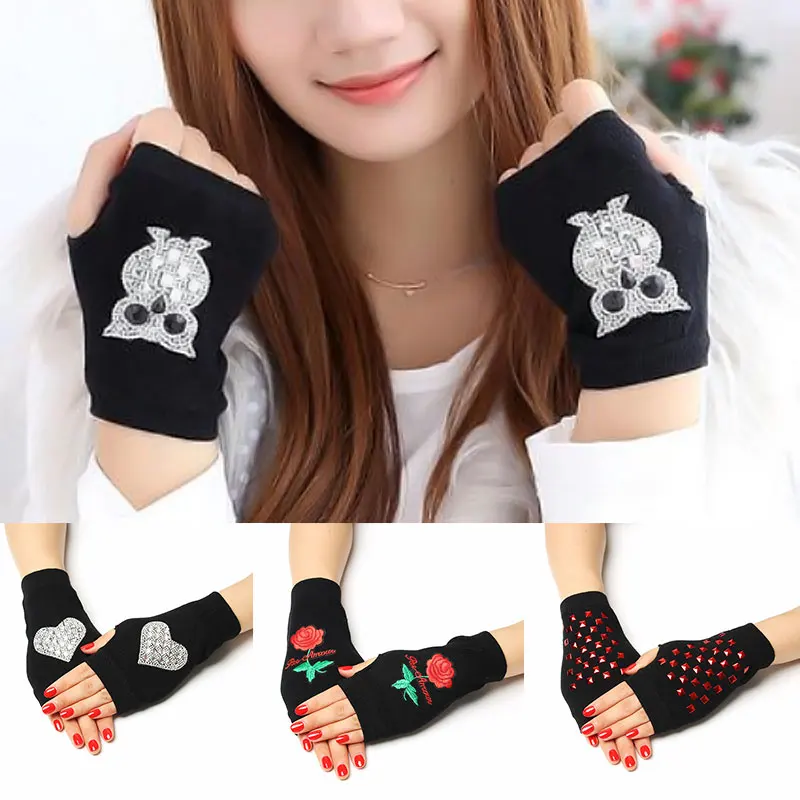 New Rhinestone Fingerless Gloves Rose Animals Printed Women Men Winter Warm Knitted Gloves Wool Half Finger Computer Mittens