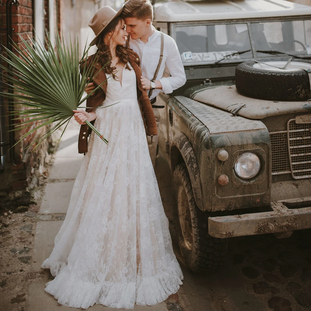 Robe de soirée de mariage, grande taille, dos ouvert, manches en dentelle, sur mesure, jardin romantique, rustique, ceinture à nœud, col en v, robe de plage